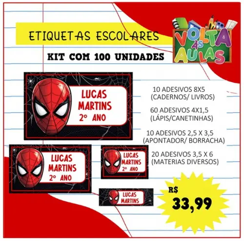Kit 100 Etiquetas Escolares Personalizada Homem Aranha Preto
