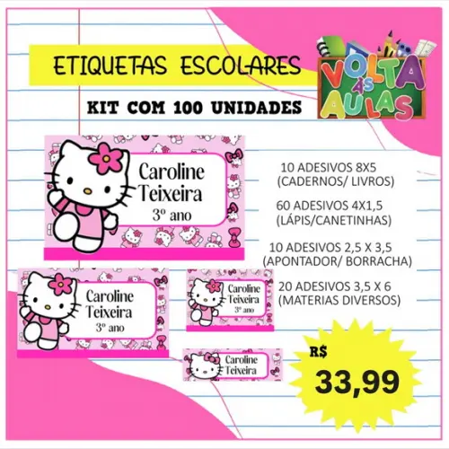 Kit 100 Etiquetas Escolares Personalizada Hello Kitty
