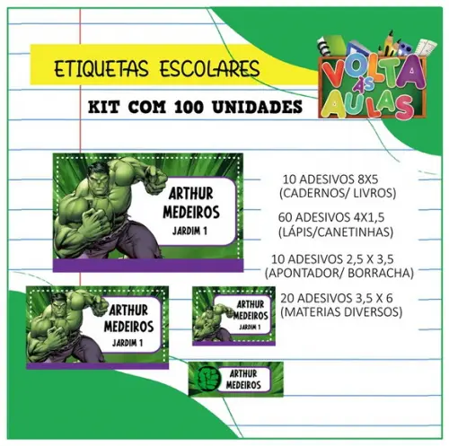 Kit 100 Etiquetas Escolares Personalizada Hulk