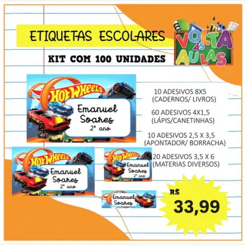 Kit 100 Etiquetas Escolares Personalizada Hot Wheels