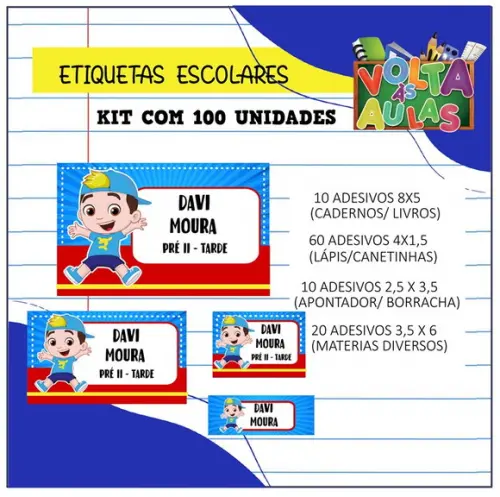Kit 100 Etiquetas Escolares Personalizada Lucas Neto