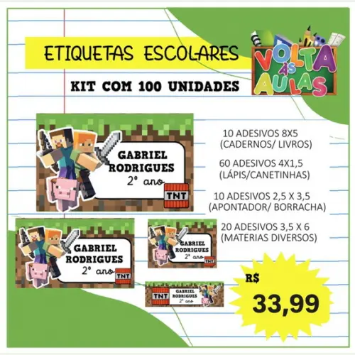 Kit 100 Etiquetas Escolares Personalizada Minecraft(adesivo)