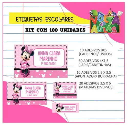 Kit 100 Etiquetas Escolares Personalizada Minnie Rosa