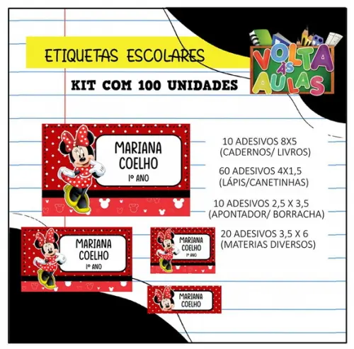 Kit 100 Etiquetas Escolares Personalizada Minnie