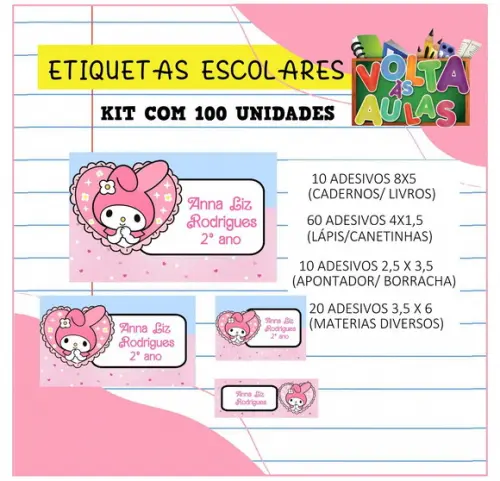 Kit 100 Etiquetas Escolares Personalizada My Melody