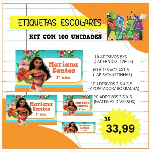 Kit 100 Etiquetas Escolares Personalizada Moana (adesivo)