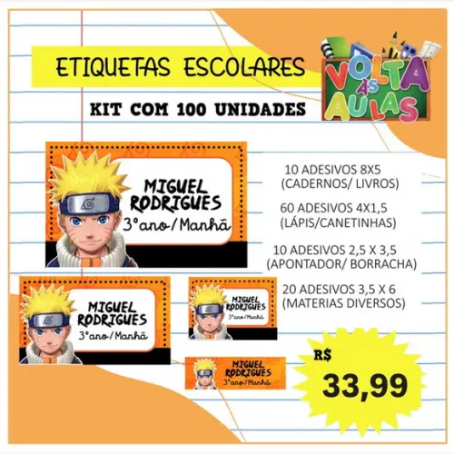 Kit 100 Etiquetas Escolares Personalizada Naruto (adesivo)