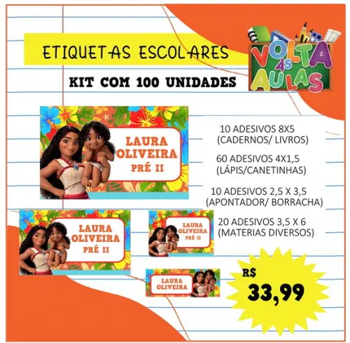 Kit 100 Etiquetas Escolares Personalizada Moana 2