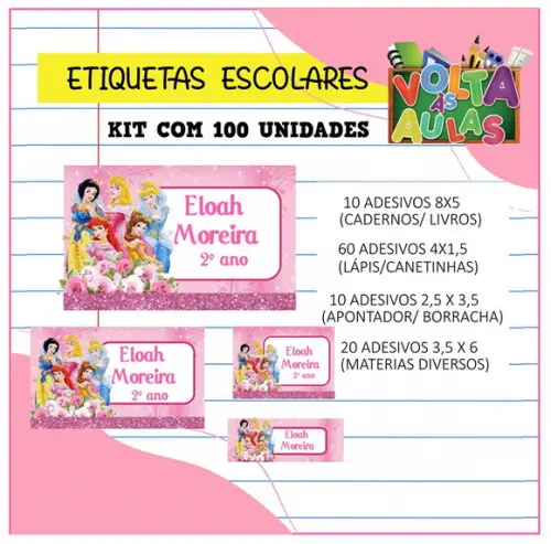 Kit 100 Etiquetas Escolares Personalizada Princesas