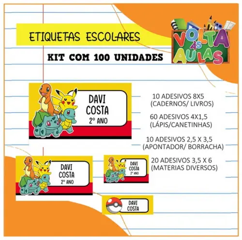 Kit 100 Etiquetas Escolares Personalizada Pokemon