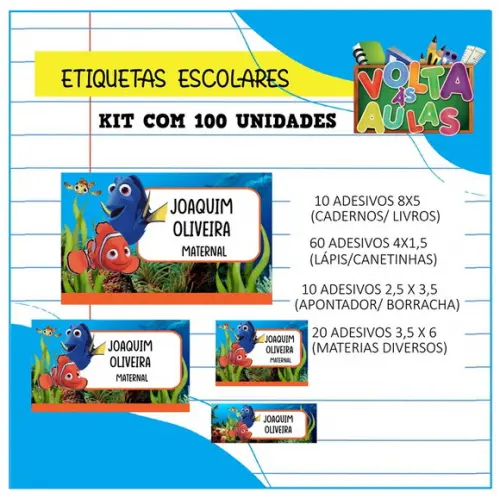 Kit 100 Etiquetas Escolares Personalizada Procurando Nemo