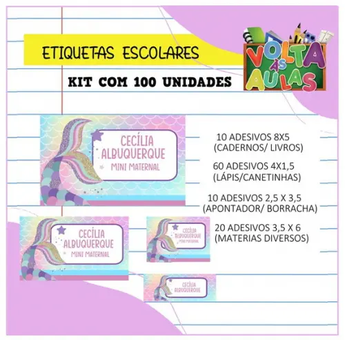 Kit 100 Etiquetas Escolares Personalizada Sereia