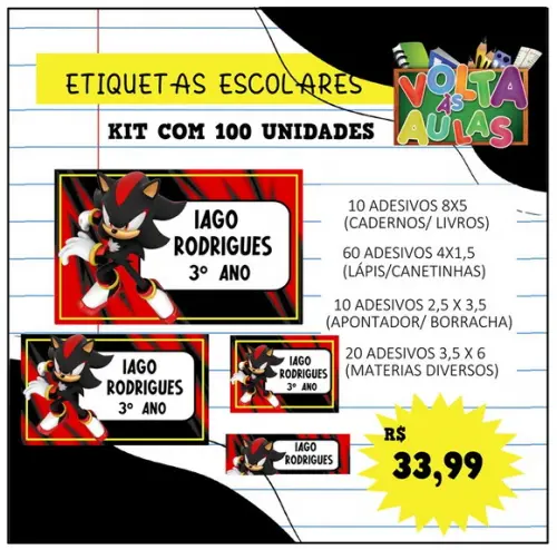 Kit 100 Etiquetas Escolares Personalizada Shadow (sonic)