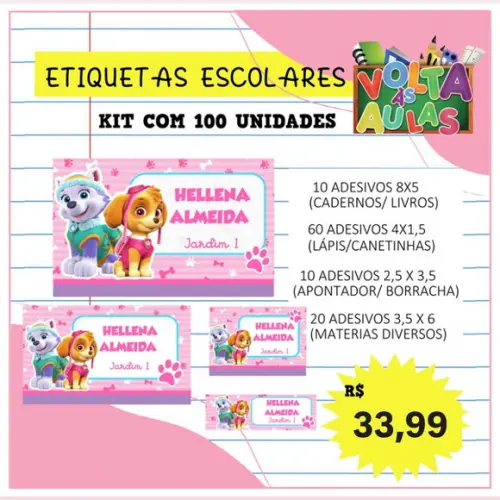 Kit 100 Etiquetas Escolares Personalizada Skye Patrulha