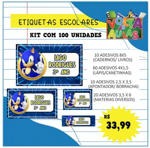 Kit 100 Etiquetas Escolares Personalizada Sonic