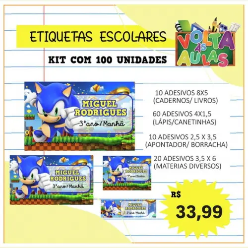 Kit 100 Etiquetas Escolares Personalizada Sonic (adesivo)
