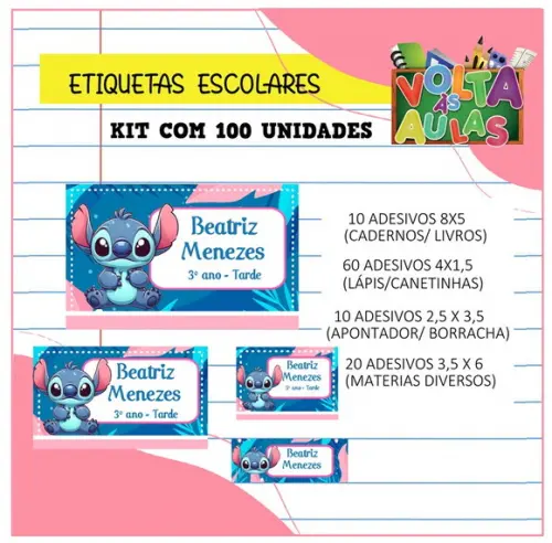 Kit 100 Etiquetas Escolares Personalizada Stitch