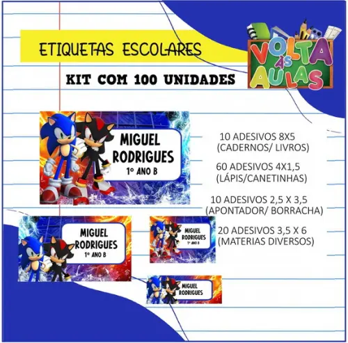 Kit 100 Etiquetas Escolares Personalizada Sonic e Shadow