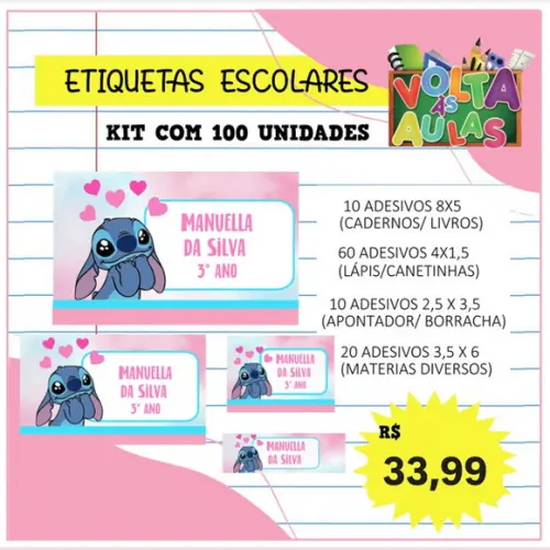 Kit 100 Etiquetas Escolares Personalizada Stitch (adesivo)