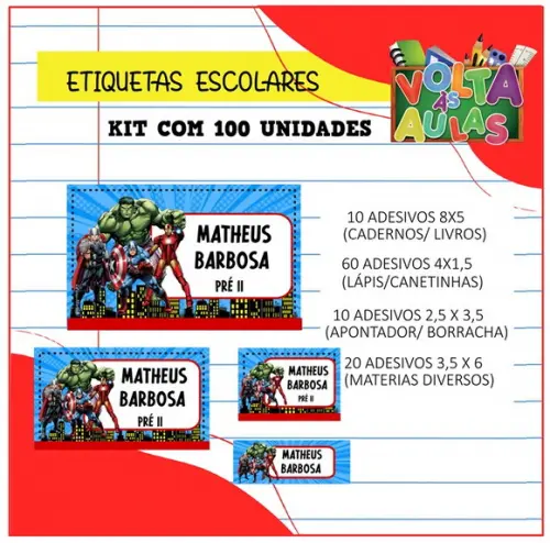 Kit 100 Etiquetas Escolares Personalizada Vingadores