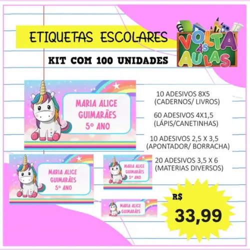 Kit 100 Etiquetas Escolares Personalizada Unicórnio