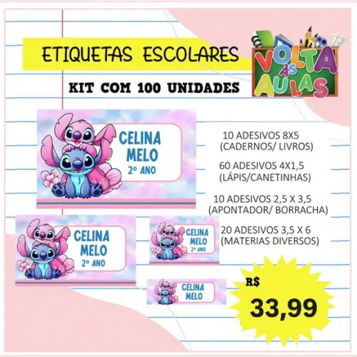 Kit 100 Etiquetas Escolares Personalizada Stitch e Angel