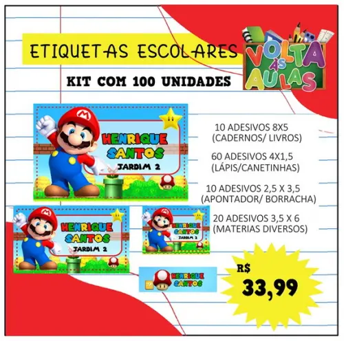 Kit 100 Etiquetas Escolares Personalizada Super Mario