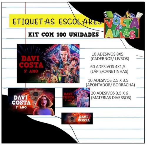Kit 100 Etiquetas Escolares Stranger Things (adesivo)