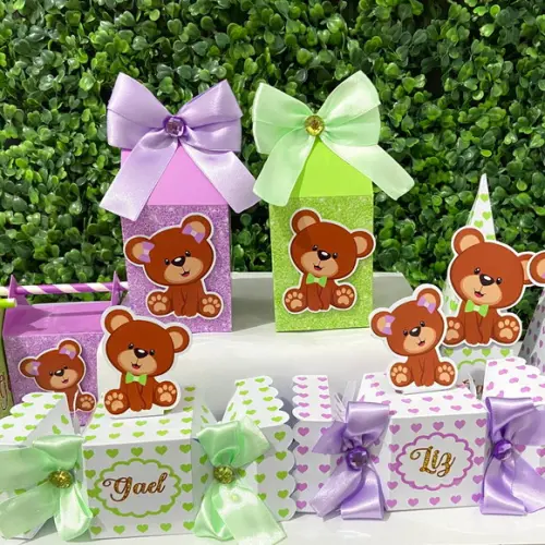 Personalizados Chá Revelação Ursinho Lilás e Verde 16 Peças