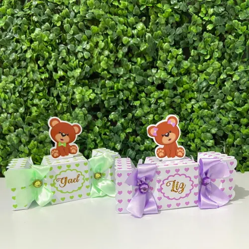 Personalizados Chá Revelação Ursinho Lilás e Verde 16 Peças