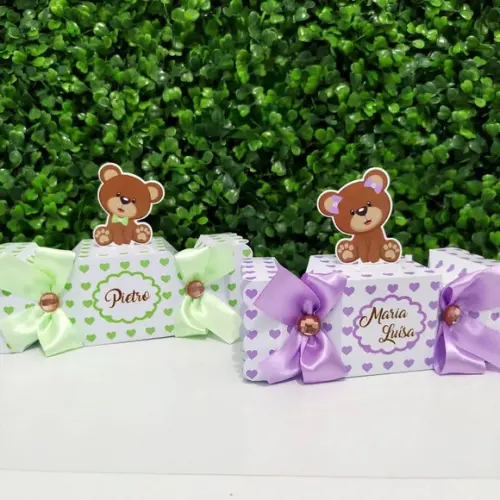 Personalizados Chá Revelação Ursinho Lilás e Verde 20 Peças