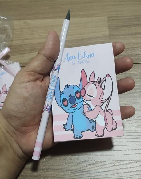 Bloquinho com Lápis Personalizado Stitch e Angel