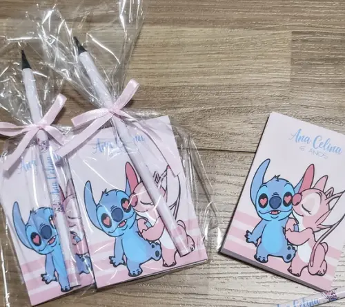 Bloquinho com Lápis Personalizado Stitch e Angel