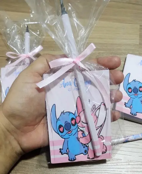 Bloquinho com Lápis Personalizado Stitch e Angel