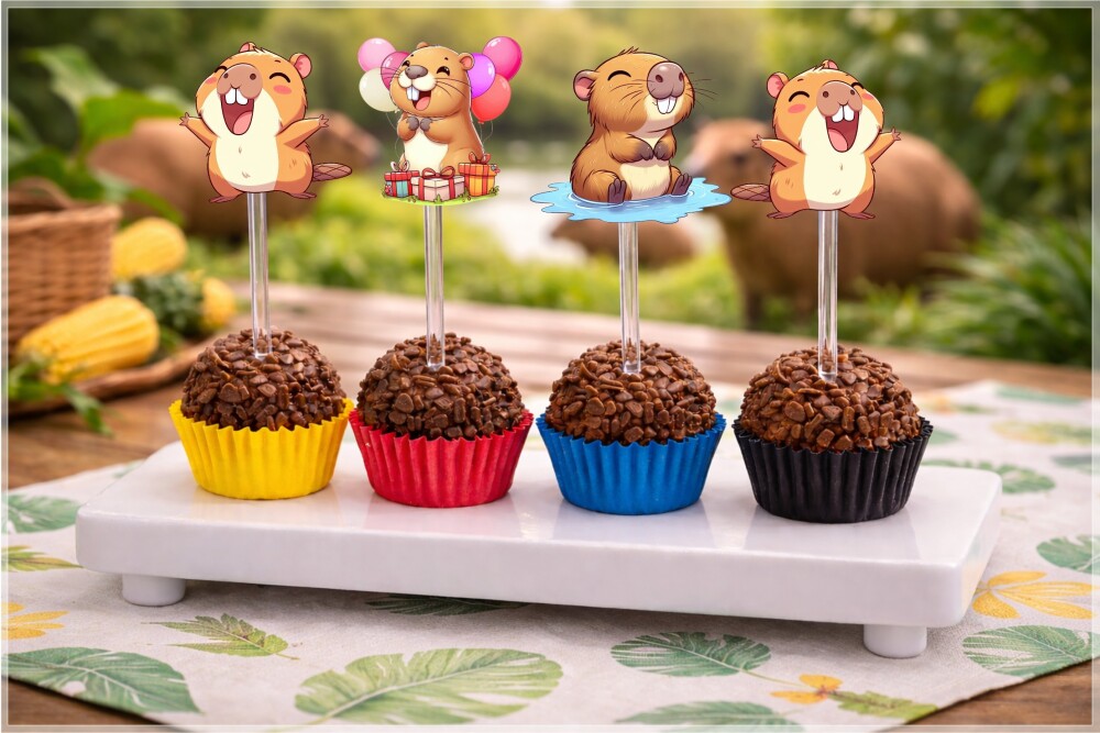 Topper de Docinho Capivara Rosa - Arquivo Digital