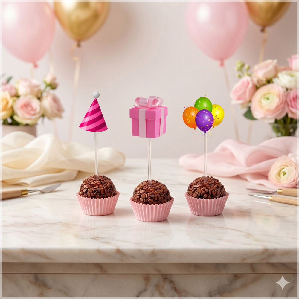 Topper de Docinho Feliz Aniversário rosa  - Arquivo Digital