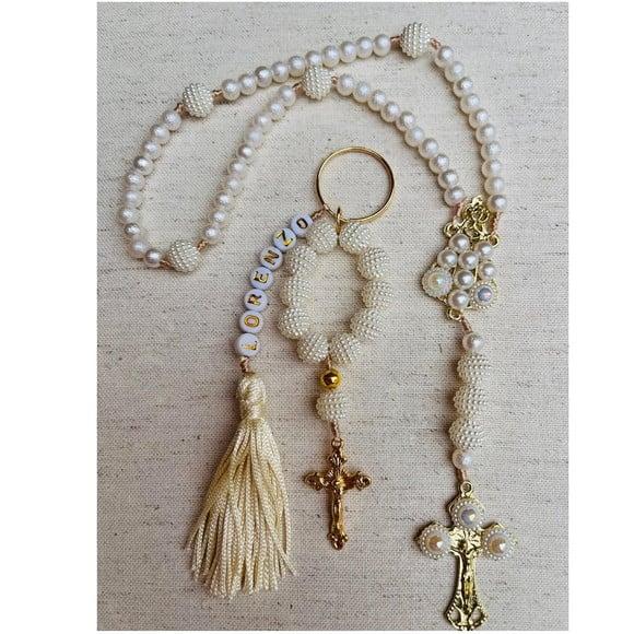 kit Chaveiro personalizado para Batizado + Terço em Pérolas