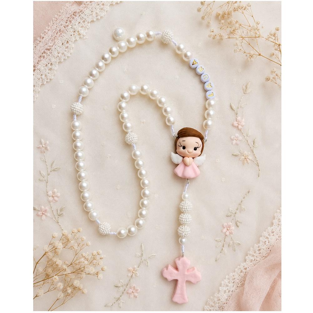 Terço Personalizado Infantil Anjo Menina Rosa Claro em Biscuit