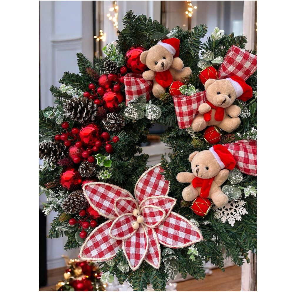 Guirlanda de Natal de ursos com flor xadrez