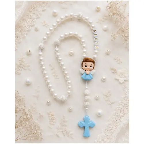Terço Personalizado Infantil Anjo Menino Azul Claro em Biscuit