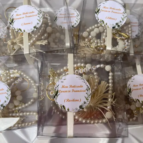 kit Chaveiro personalizado para Batizado + Terço em Pérolas