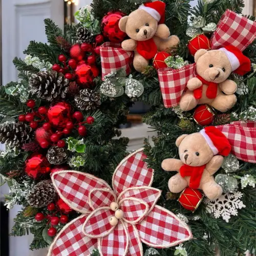 Guirlanda de Natal de ursos com flor xadrez