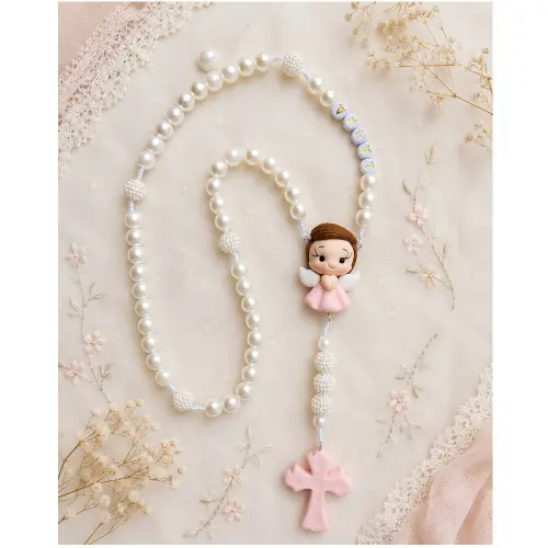 Terço Personalizado Infantil Anjo Menina Rosa Claro em Biscuit