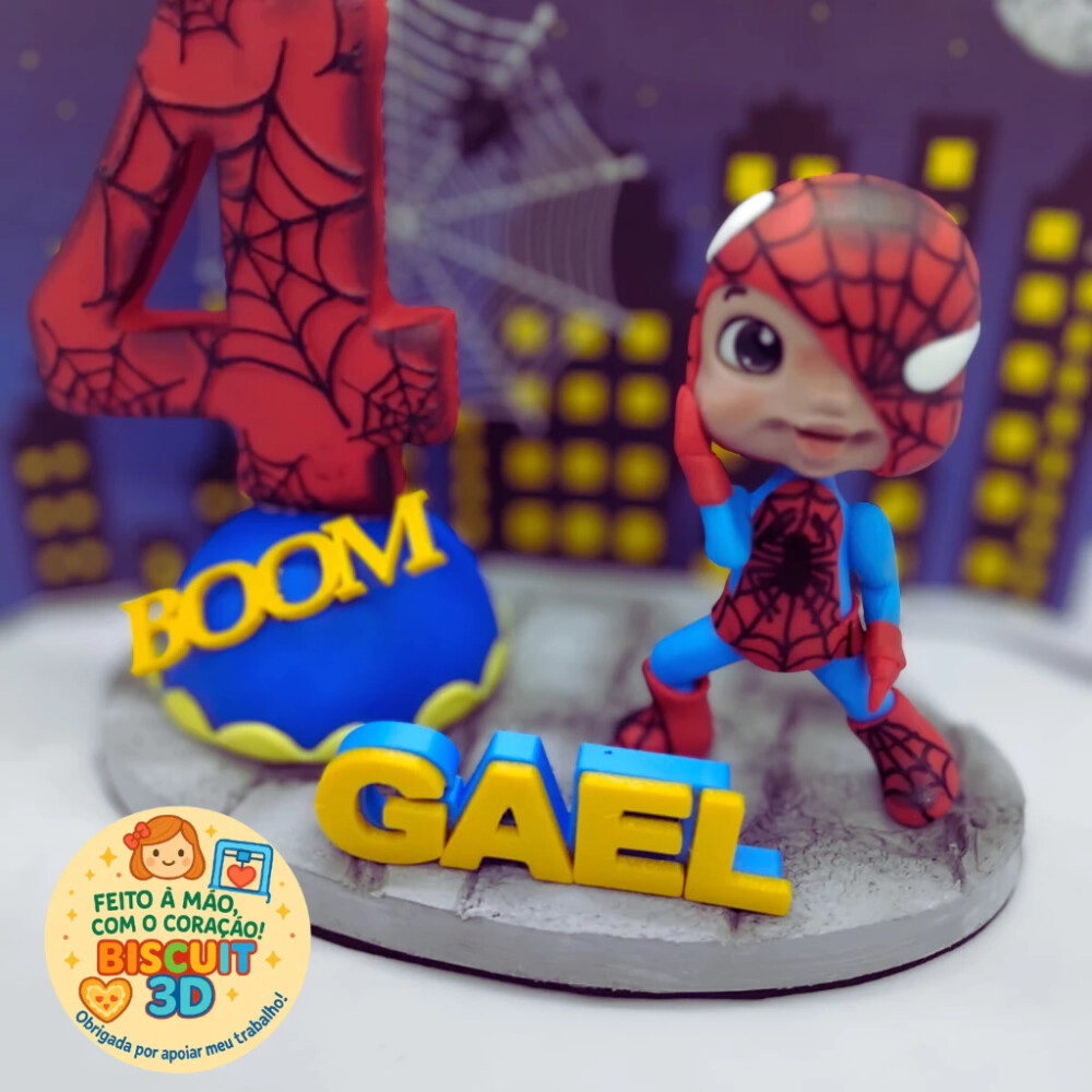 Topo de bolo Super- Herói em biscuit personalizado - Homem-Aranh