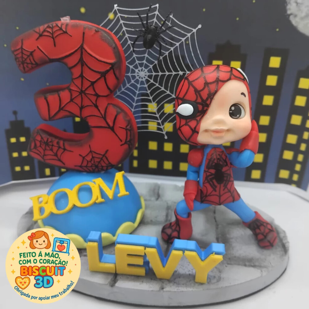 Topo de bolo Super- Herói em biscuit personalizado - Homem-Aranh