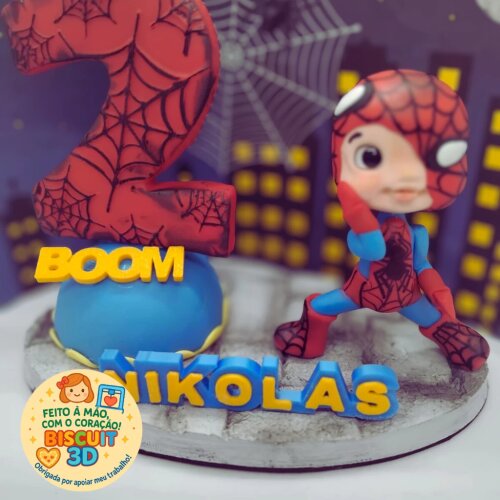 Topo de bolo Super- Herói em biscuit personalizado - Homem-Aranh