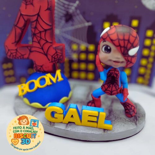 Topo de bolo Super- Herói em biscuit personalizado - Homem-Aranh