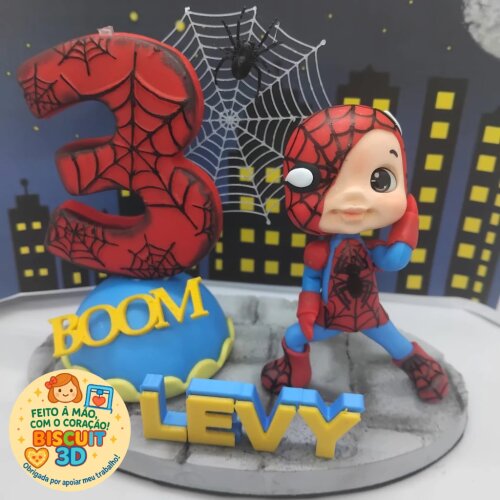Topo de bolo Super- Herói em biscuit personalizado - Homem-Aranh