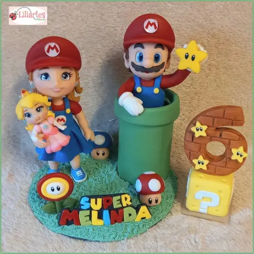 Topo de Bolo Super Mario c/ Boneca da Aniversariante 16cm