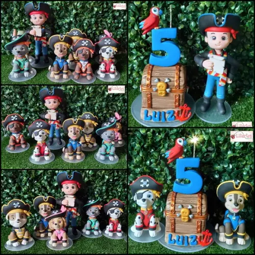 Topo de Bolo Patrulha Cachorrinhos/ Pirata - Kit C/vela Baú